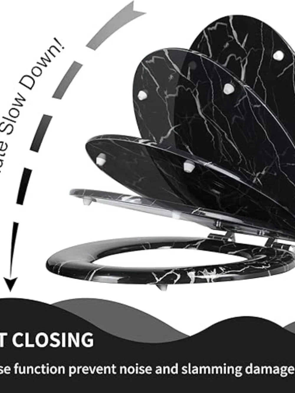 Angel Shield Black Marble Round Toilet Seat Quiet Close Quick Release Easy Clean